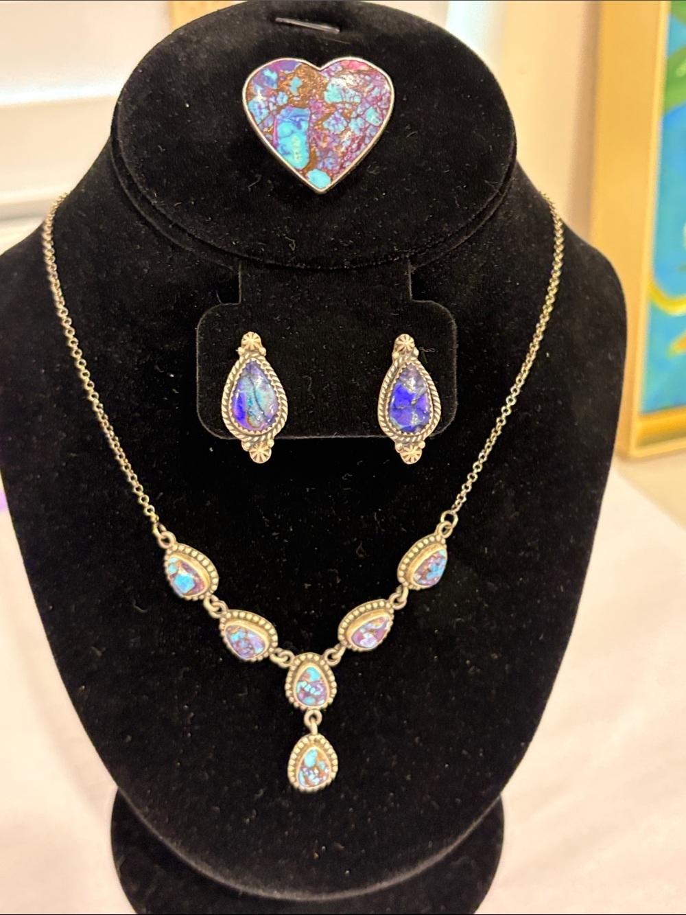 Sterling Silver Mohave Turquoise Teardrop Necklace & Earring Set with Heart Ring